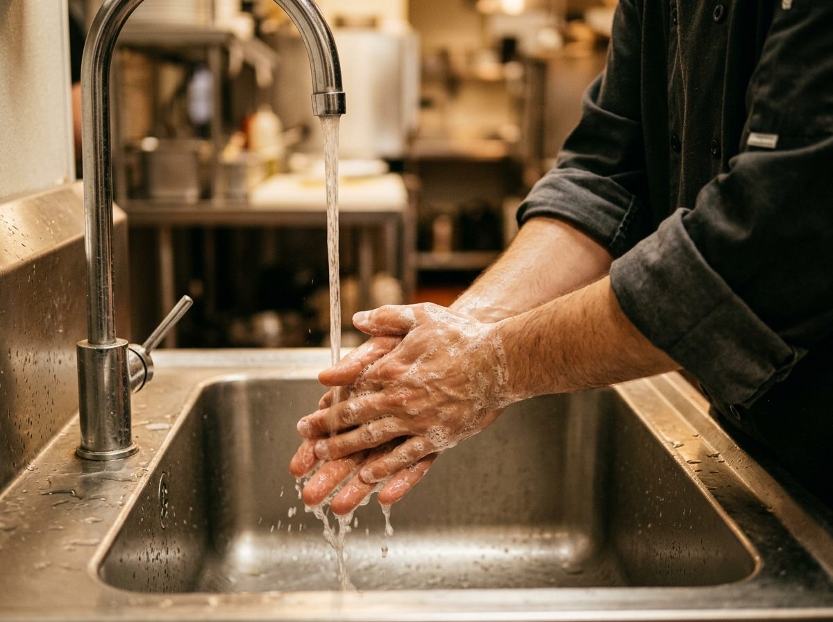 Hands being scrubbed with thick soap lather under running water at a stainless steel handwash sink in warm kitchen light