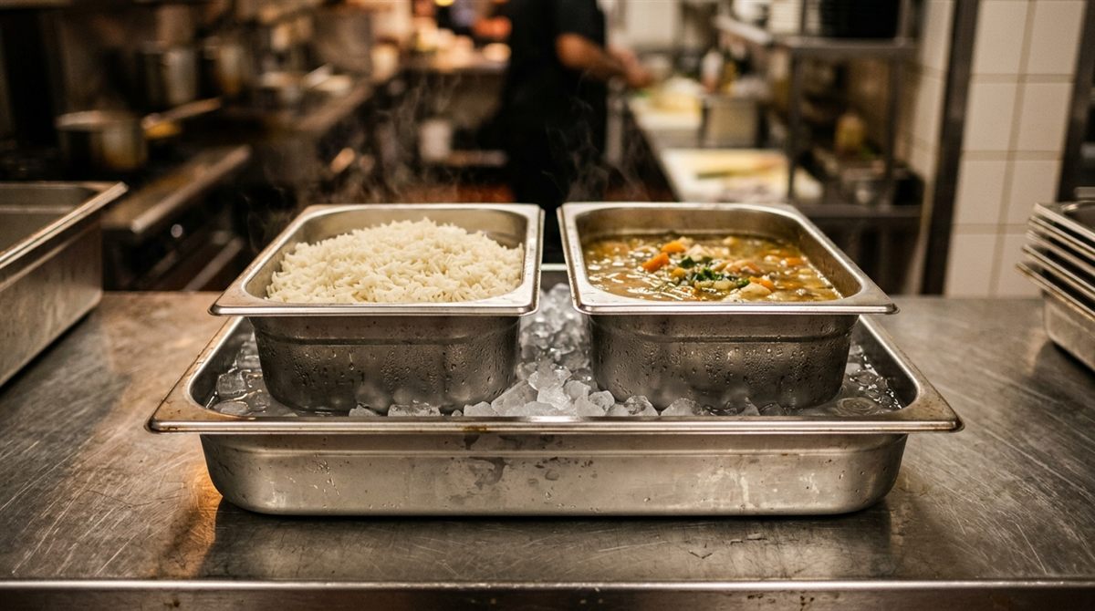 Shallow steel pans of rice and soup cooling in a bath of crushed ice on a prep counter, condensation beading on the metal