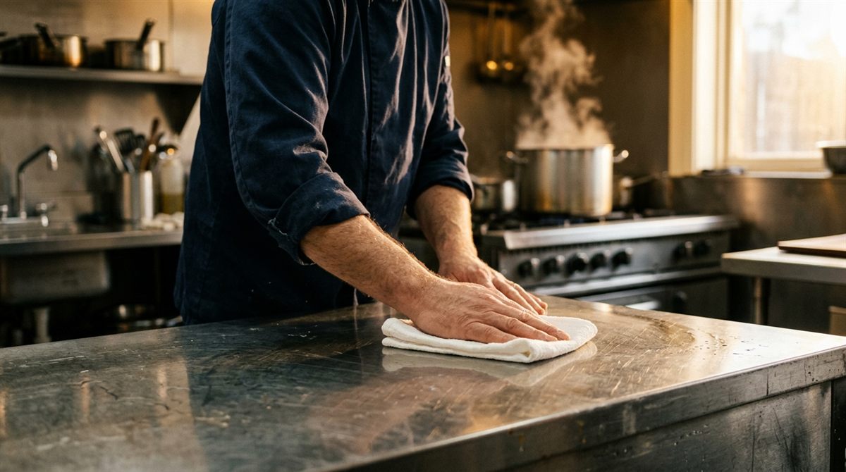 A cook's hands wiping down a stainless steel counter in early morning light, steam rising from a pot on the range behind