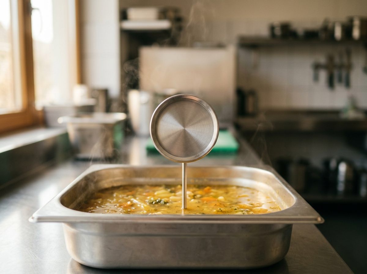 Probe thermometer standing in a steel pan of soup on a commercial kitchen prep counter