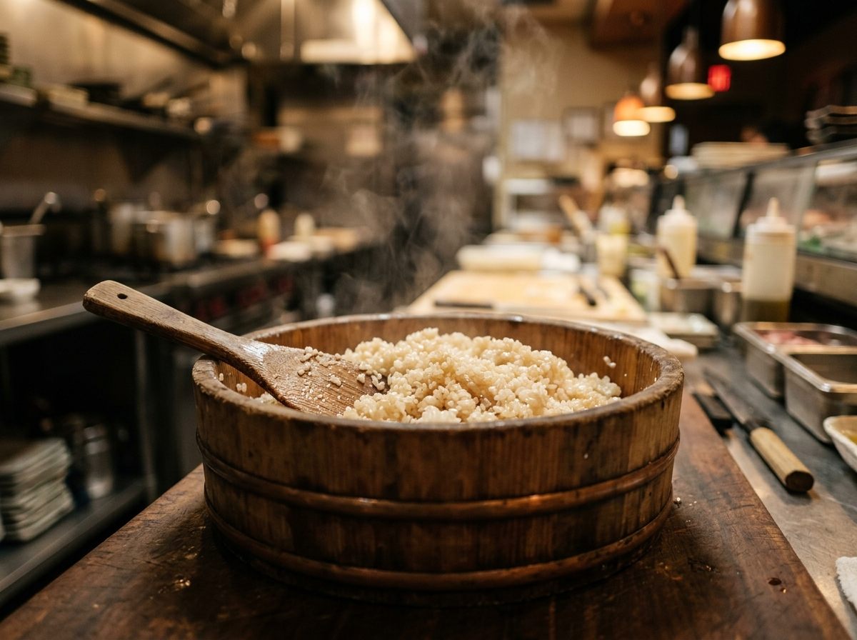 Steaming seasoned sushi rice in a wooden hangiri tub with a wooden paddle, sushi station softly blurred behind