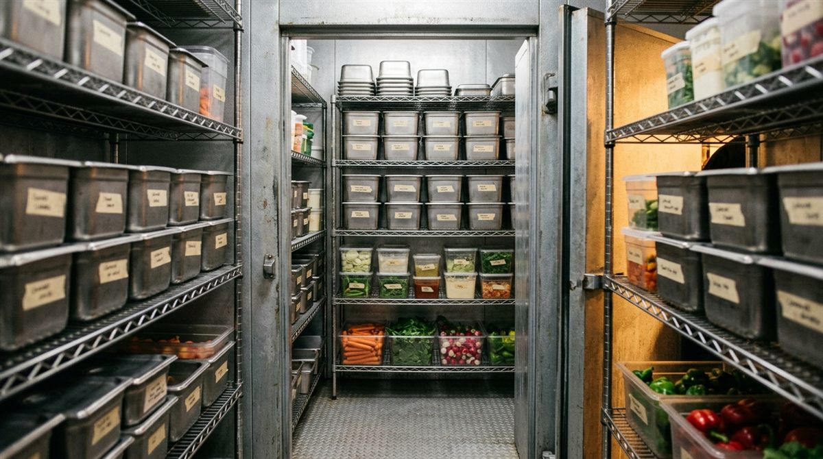 Organized walk-in cooler with rows of labeled food containers and fresh produce on clean wire shelving